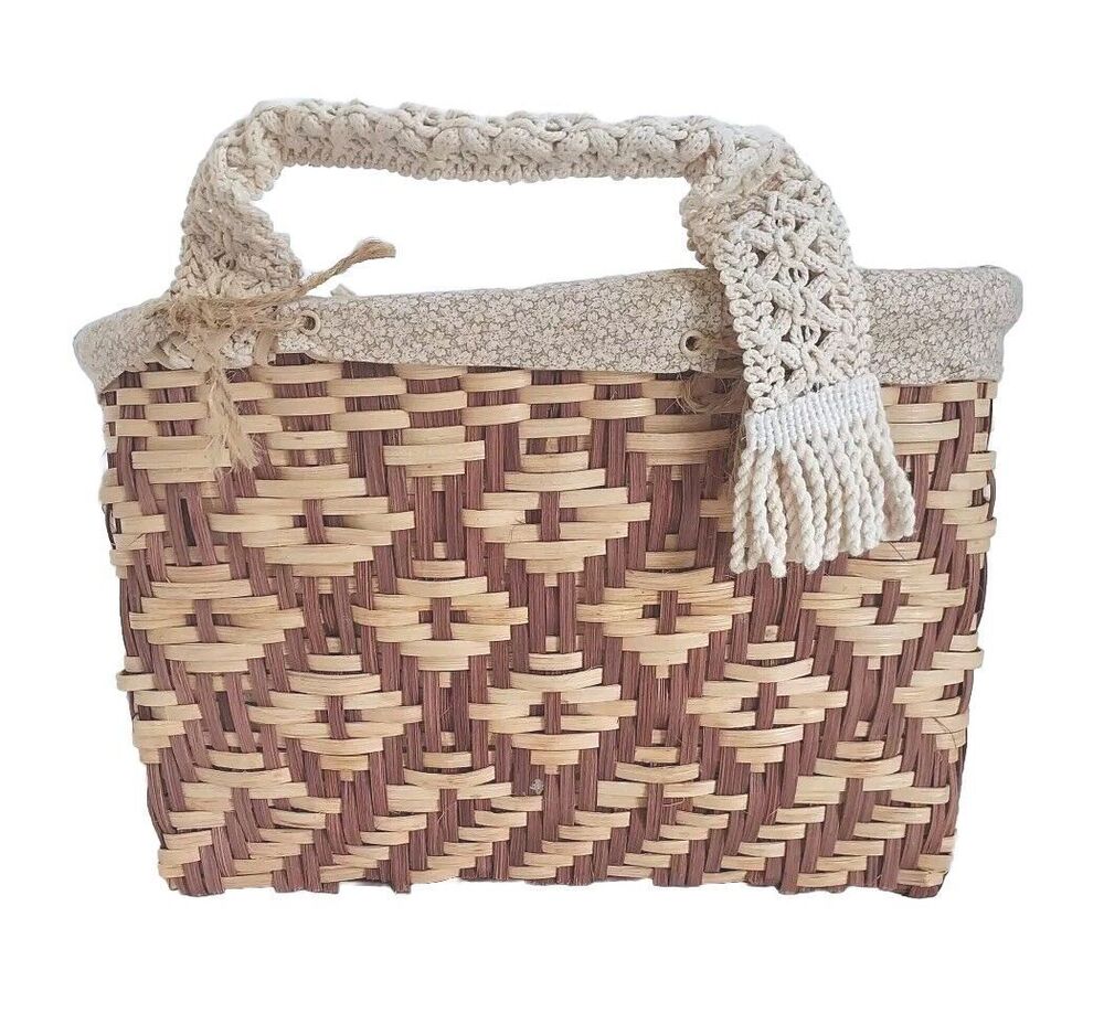 Vintage Handmade Brown & Tan Woven Basket Lined Tote Handbag W/Crochet Handles